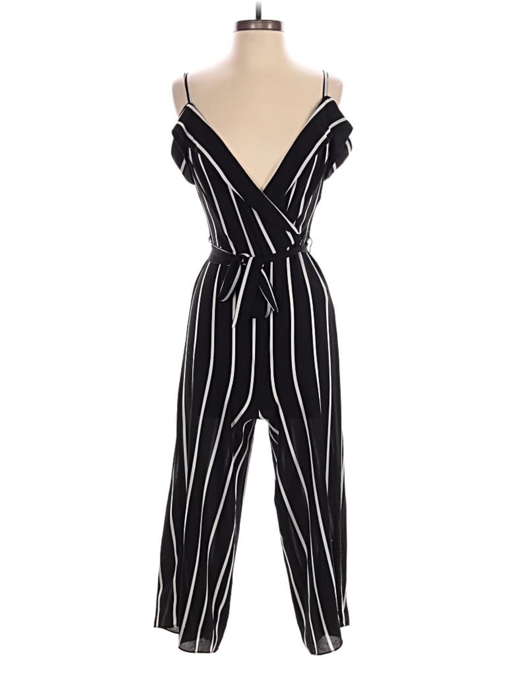 by & by NWT Black & White Striped Cold-Shoulder Jumpsuit